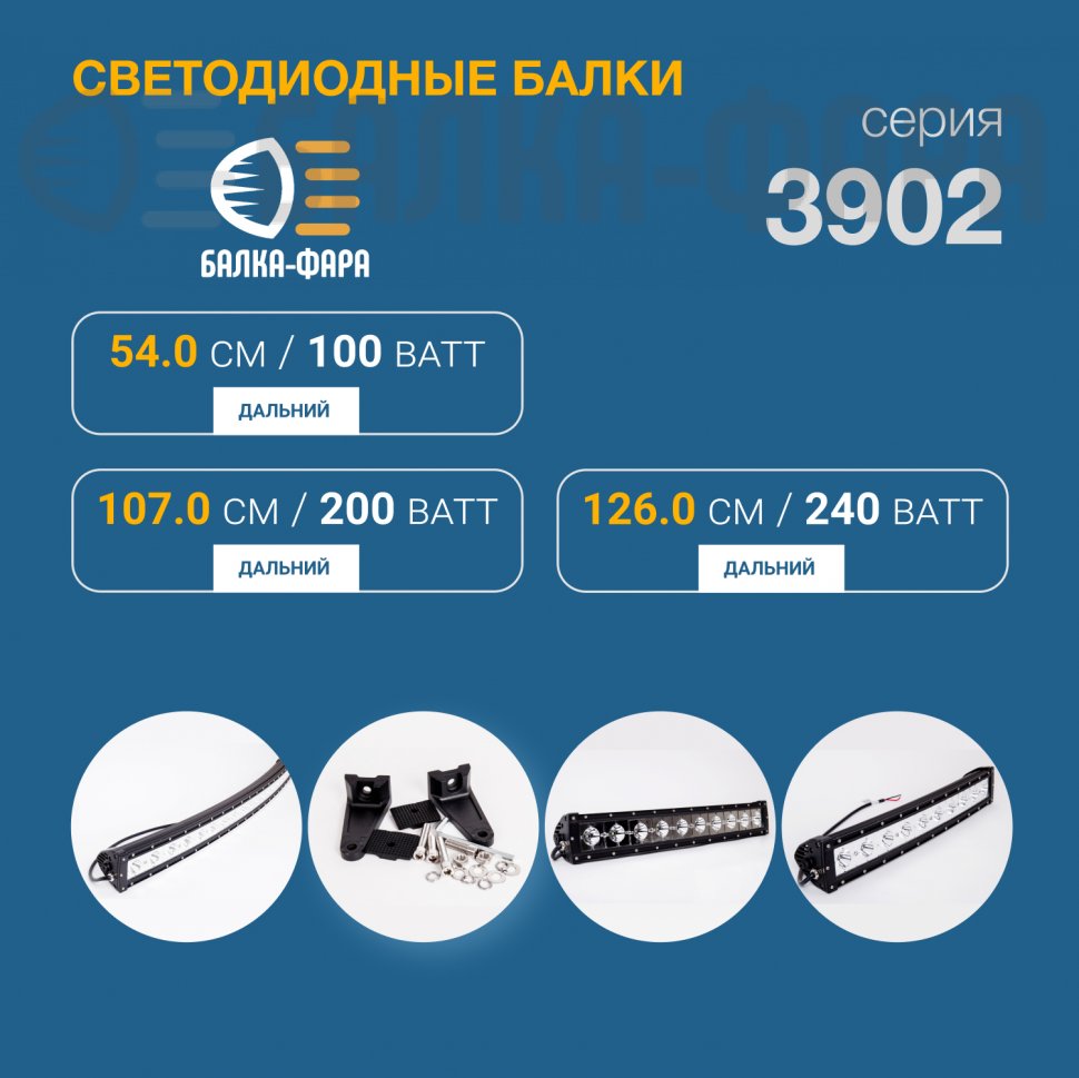 Панорамная балка дальнего света, 200 Ватт, серия 3902